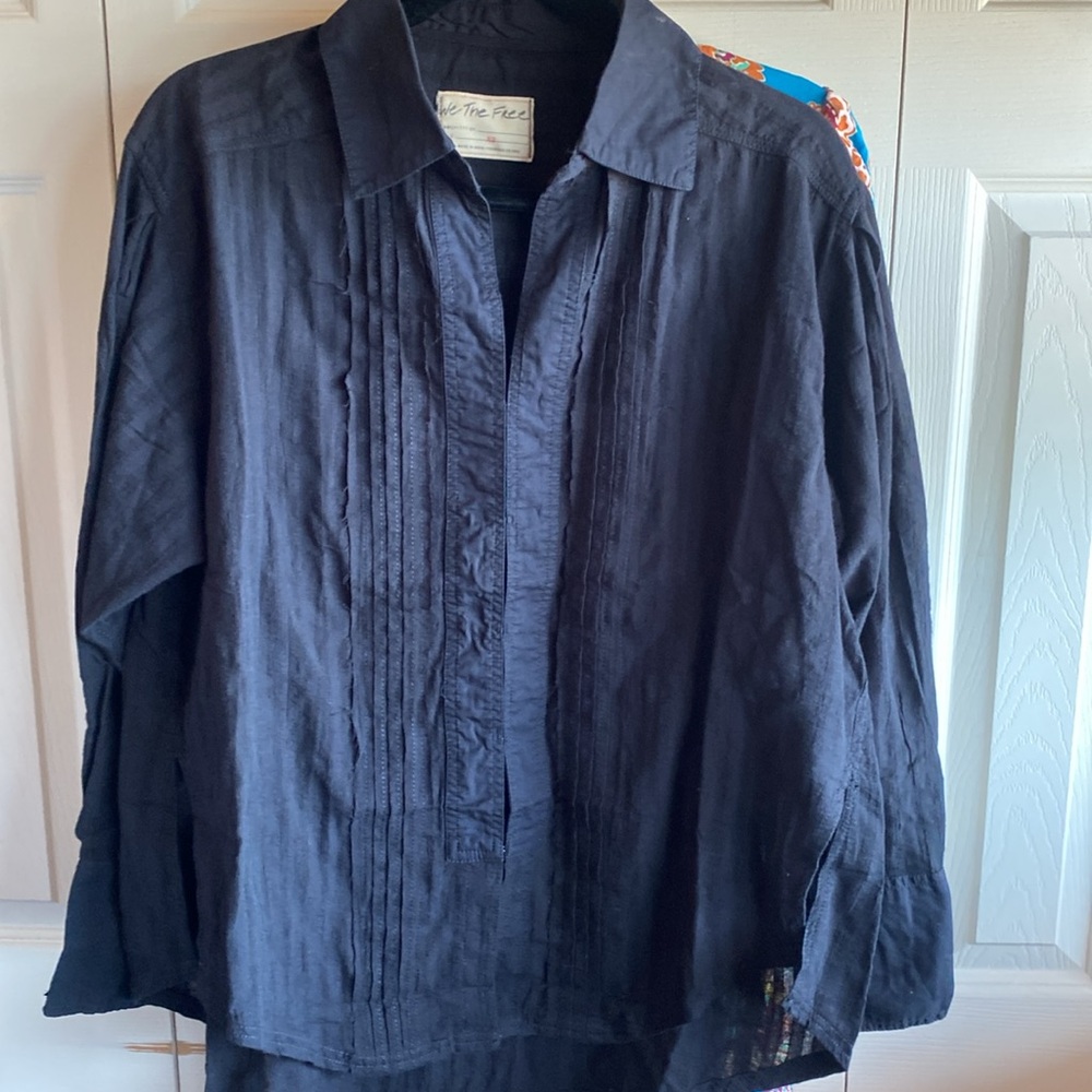 Free People NWT Tuxy Tuxedo Bib OVERSIZED Black Woven Cotton Long Sleeve Shirt
